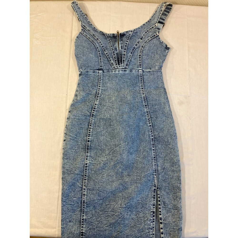 Womens Acid Wash Denim Bodycon Dress Blue Sleeveless Size Small Front Slit Zip - Picture 6 of 8